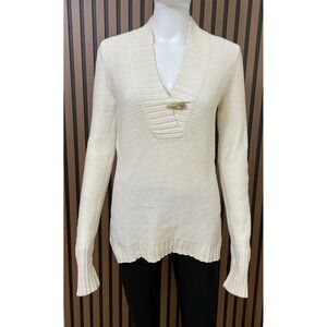 Lauren Ralph Lauren Women's S White Sweater Cotton Pullover Textured Knit Toggle